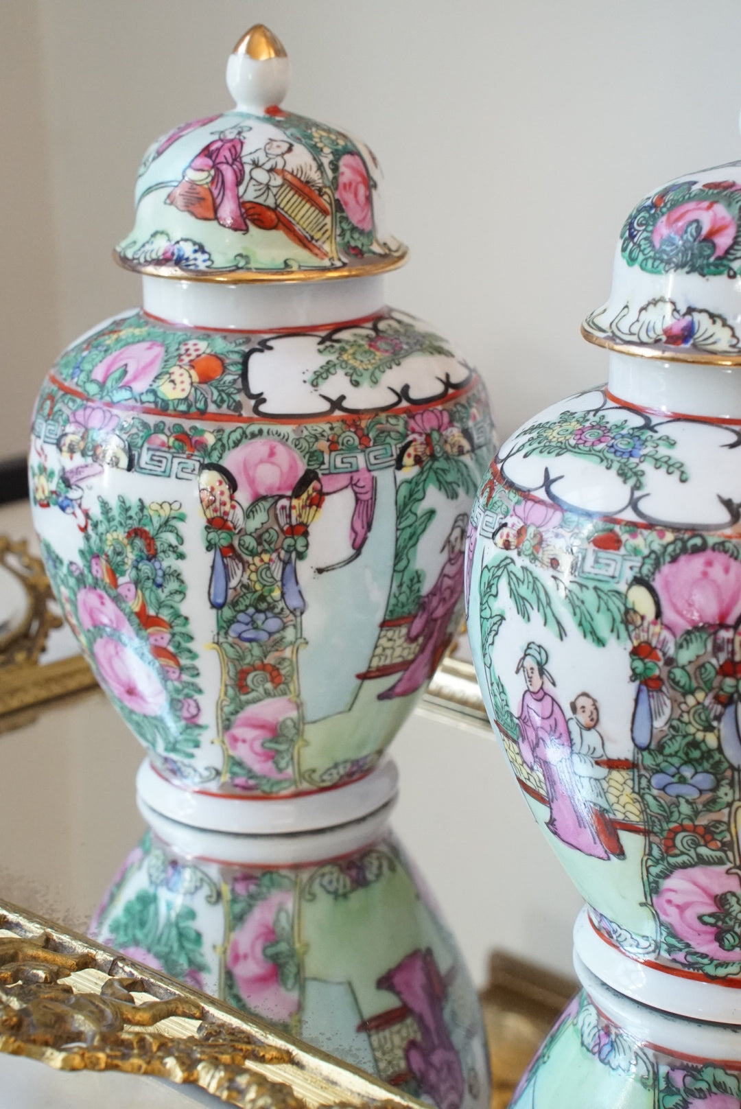 Pair of — Vintage Rose Medallion Temple Jars
