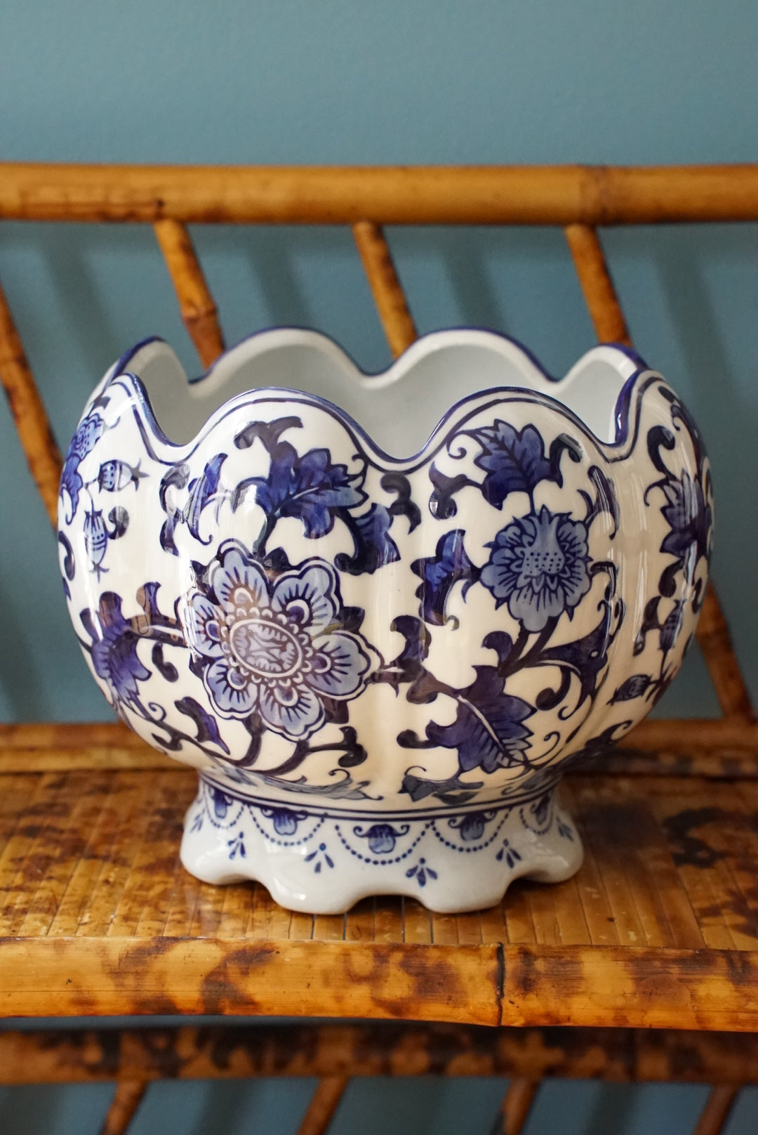 Vintage Scalloped Blue and White Cachepot