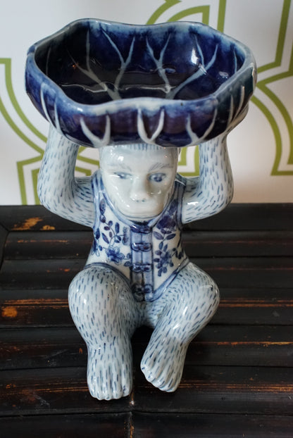 Vintage Blue and White Floral Chinoiserie Monkey Bowl