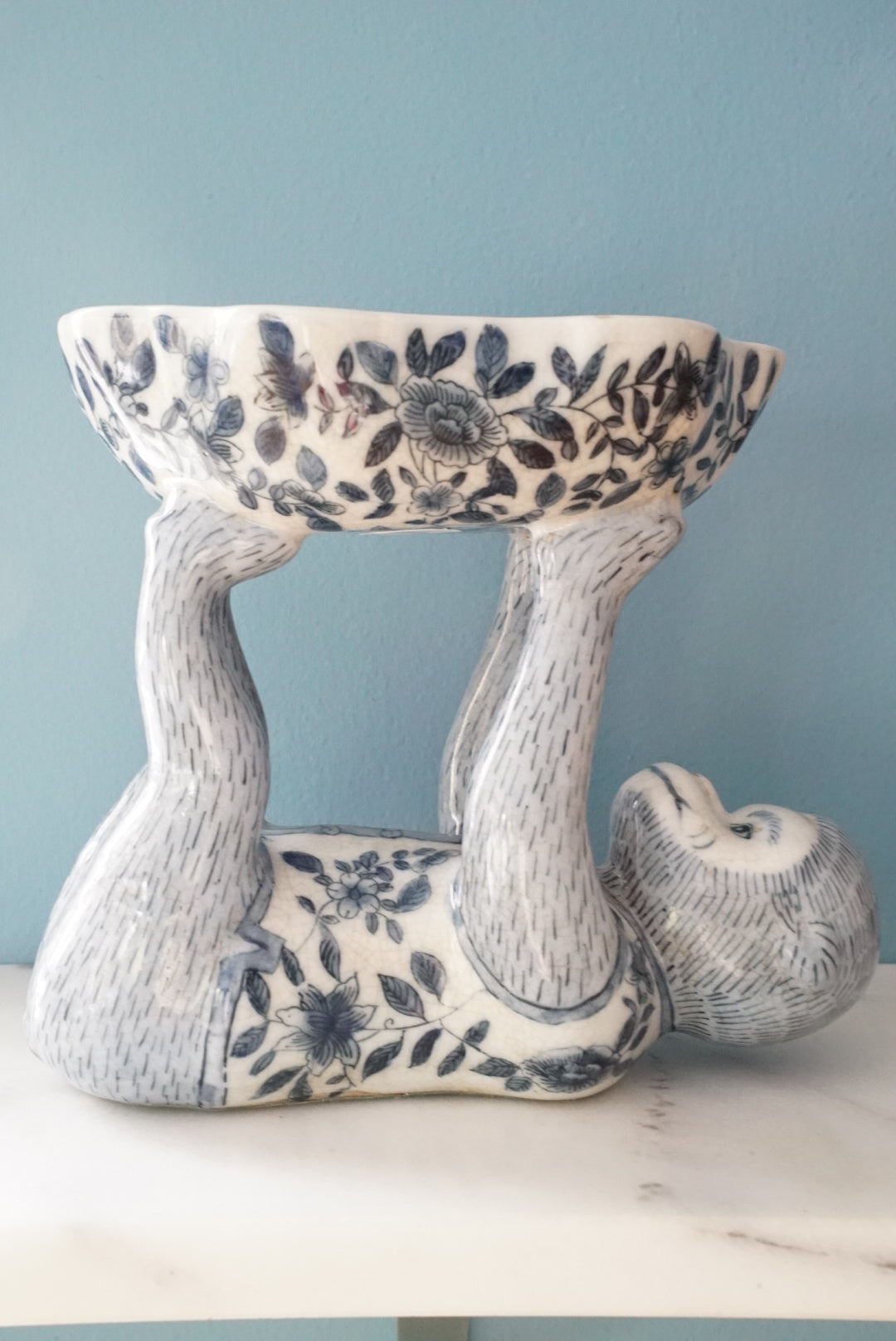 Vintage Blue and White Floral Chinoiserie Monkey Bowl