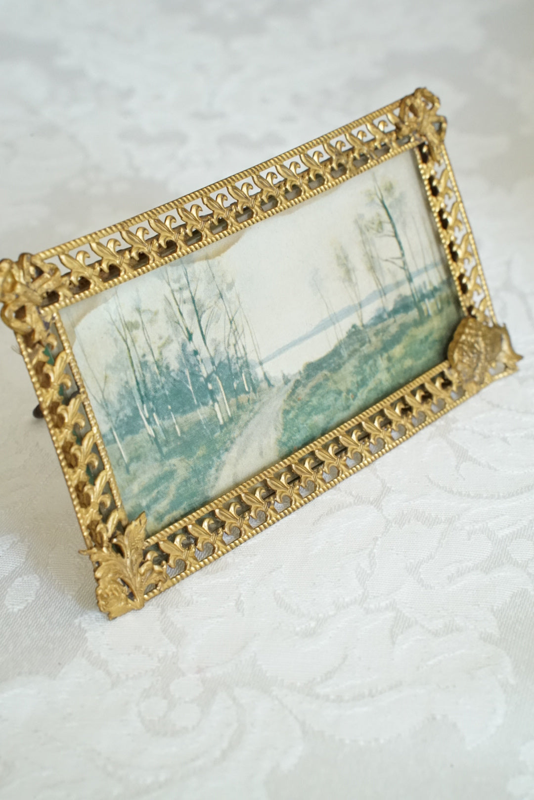 Antique French Miniature Fleur-de-Lis Frame with Print