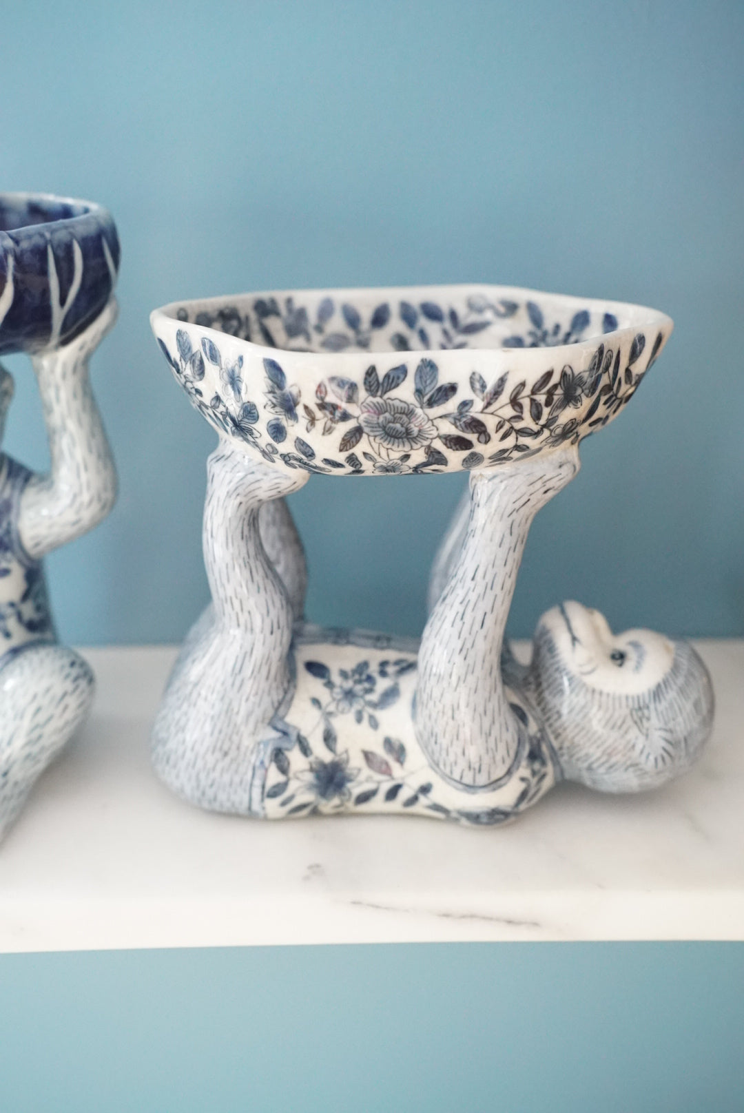 Vintage Blue and White Floral Chinoiserie Monkey Bowl