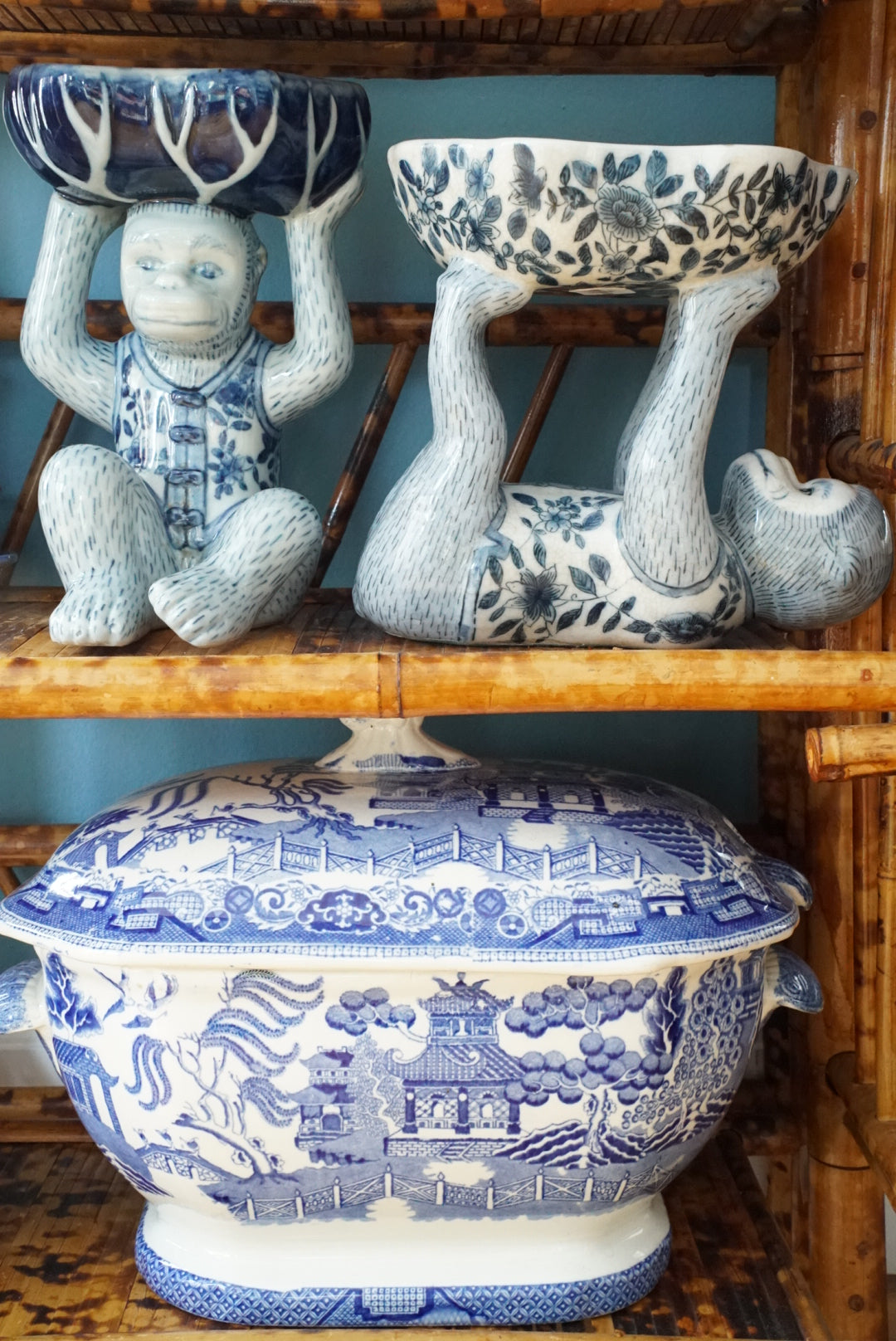 Vintage Blue and White Floral Chinoiserie Monkey Bowl