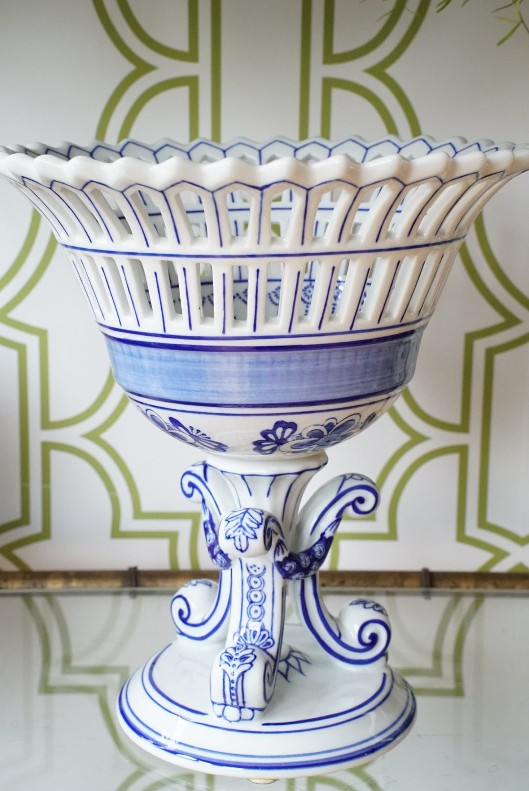 Vintage Blue and White Compote on Pedestal