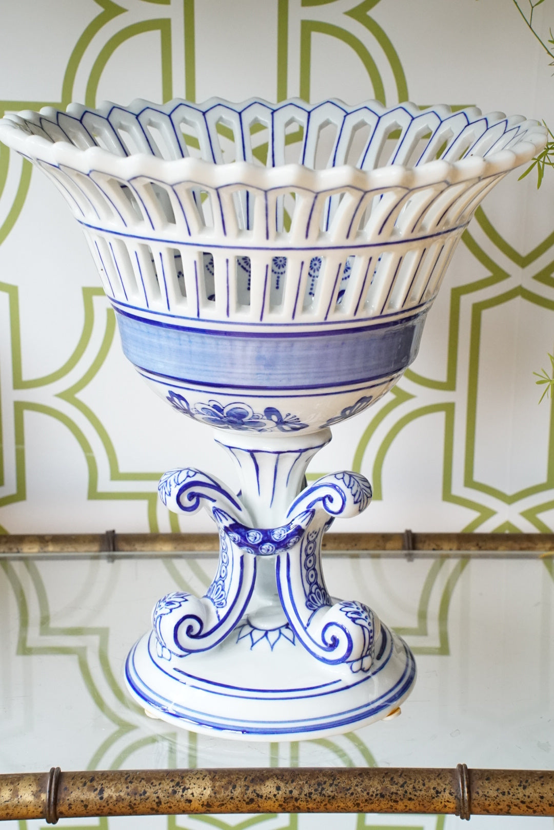 Vintage Blue and White Compote on Pedestal