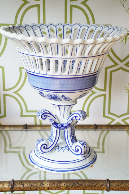 Vintage Blue and White Compote on Pedestal