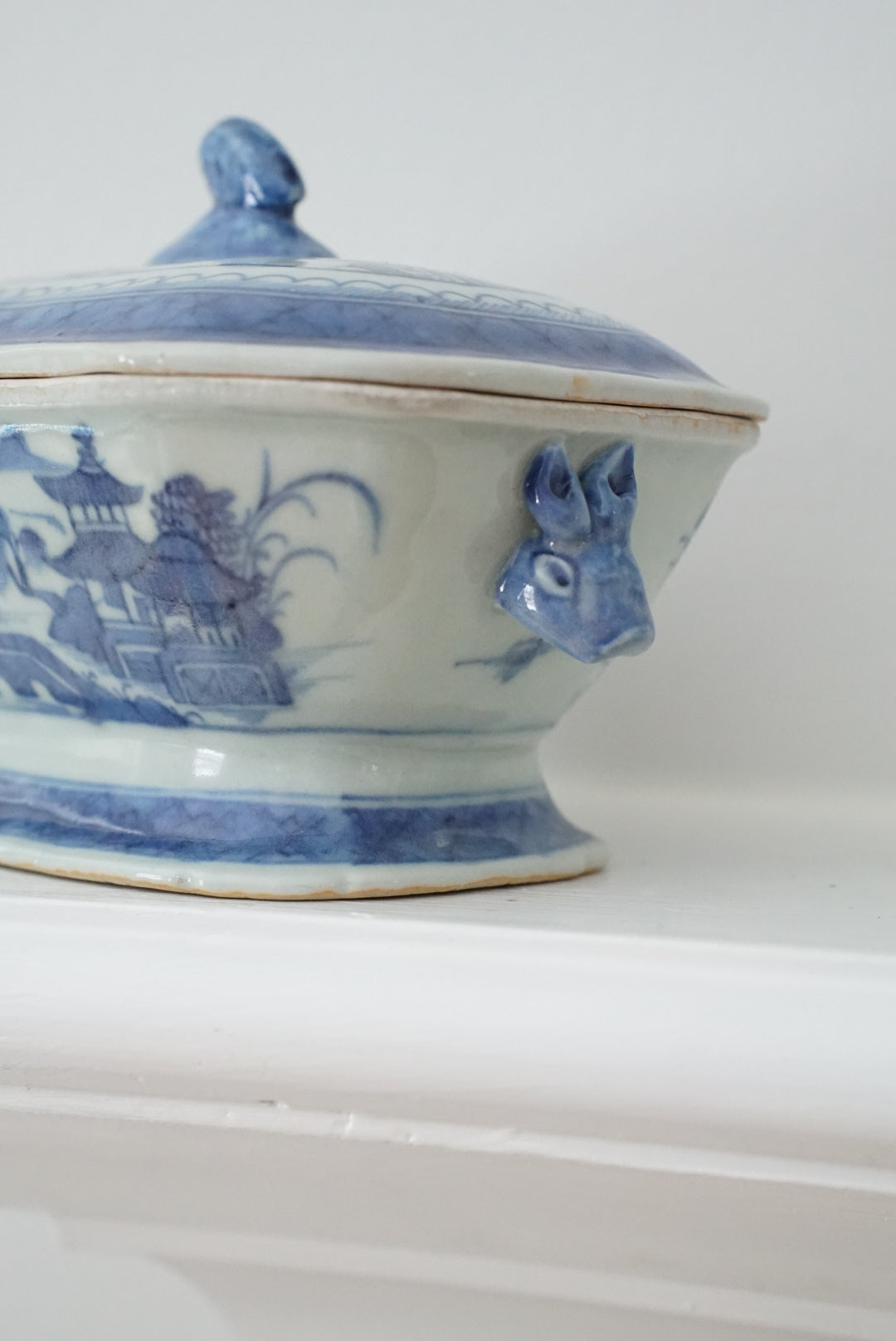 Antique Blue Canton Sauce Tureen with Boar Handles