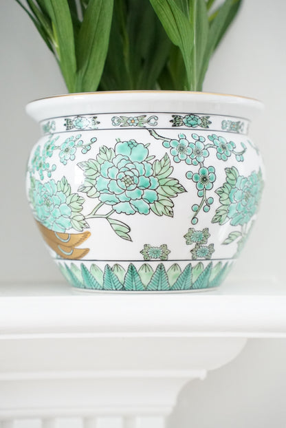 Vintage Gold Imari Green Peacock Jardiniere