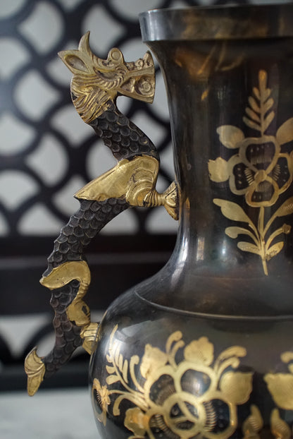 Vintage Black & Gold Etched Brass Vase with Dragon Handles