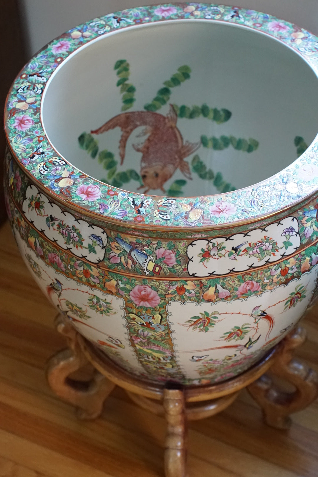 Pair of — XL Vintage Rose Canton Fishbowl Planter with Stand