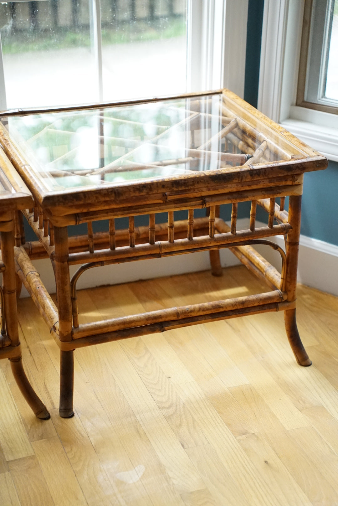 Vintage Tortoise Shell Burnt Bamboo Glass Side Table