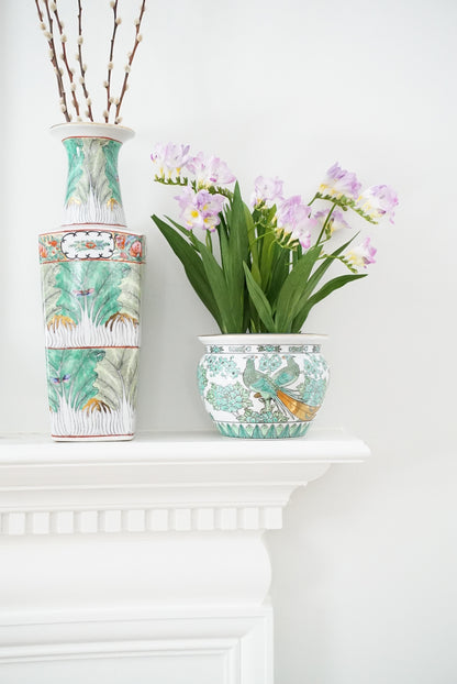 Vintage Gold Imari Green Peacock Jardiniere