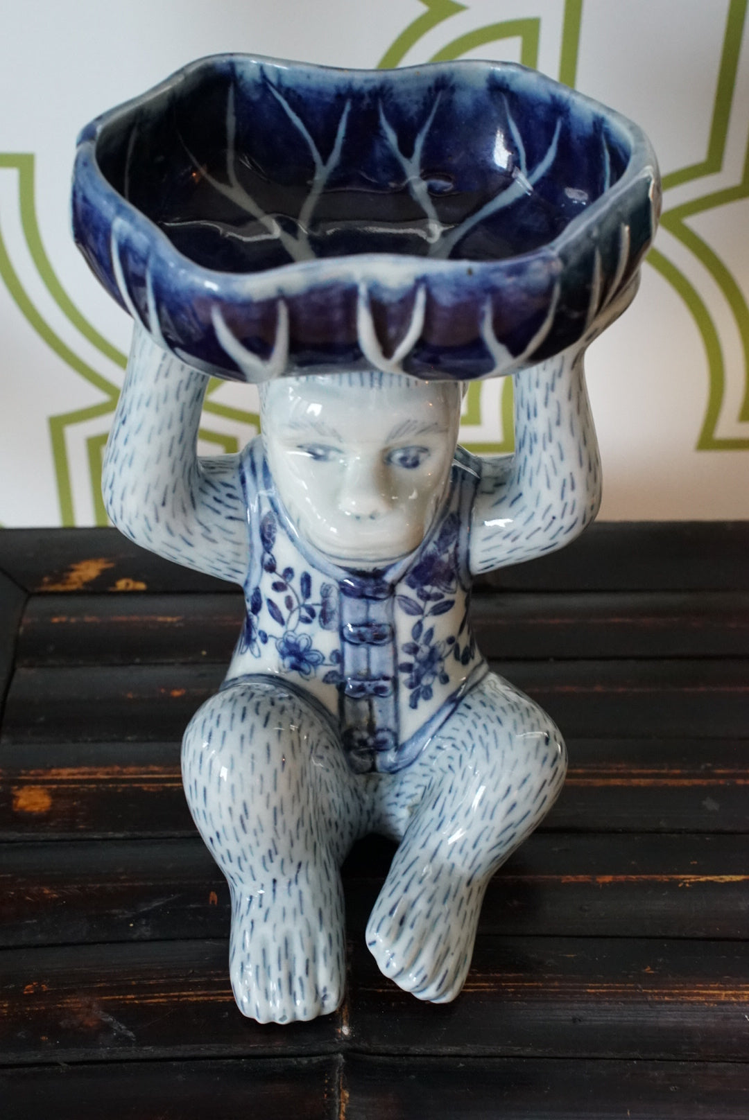 Vintage Blue and White Floral Chinoiserie Monkey Bowl