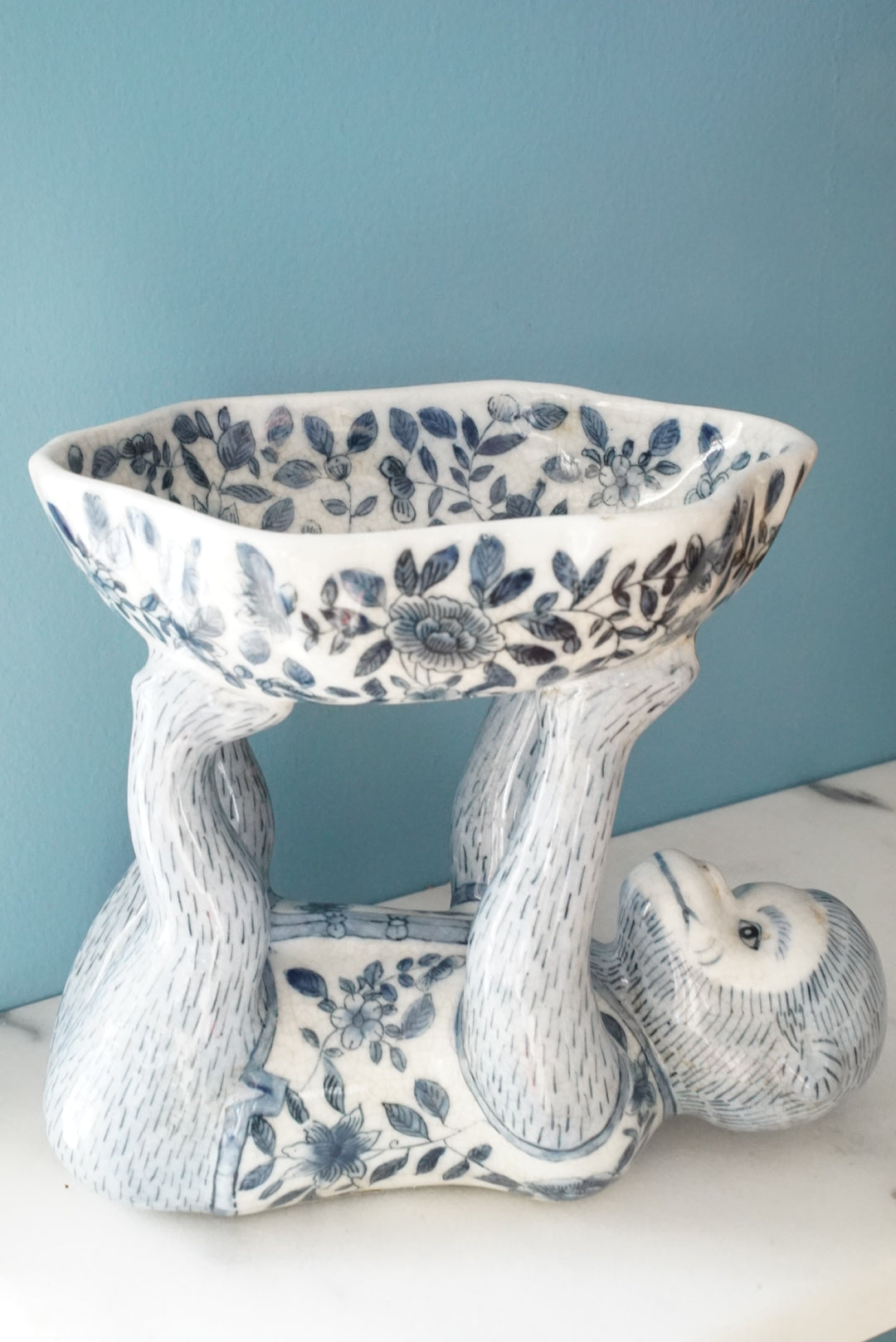 Vintage Blue and White Floral Chinoiserie Monkey Bowl