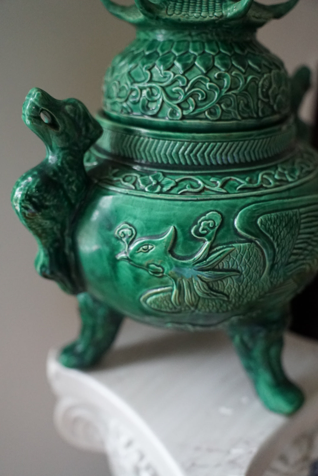 XL Green Pagoda-Topped Footed Urn