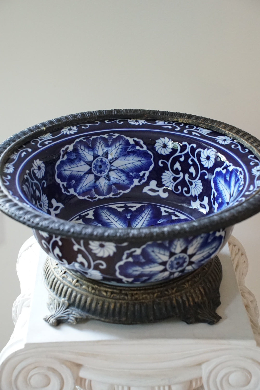Vintage Large Ormolu Mounted Blue and White Bowl