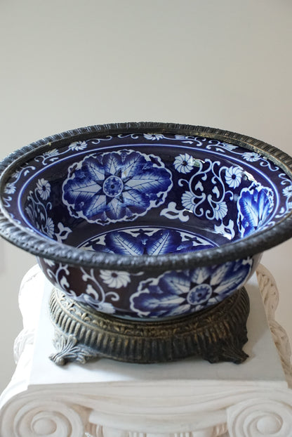 Vintage Large Ormolu Mounted Blue and White Bowl