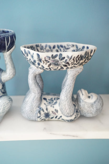 Vintage Blue and White Floral Chinoiserie Monkey Bowl