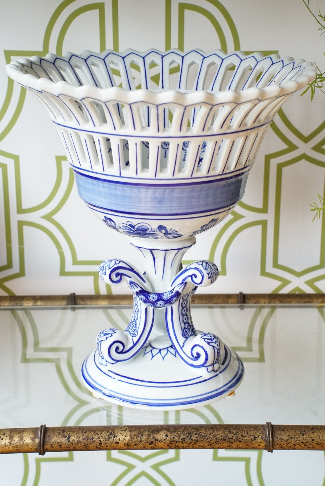 Vintage Blue and White Compote on Pedestal
