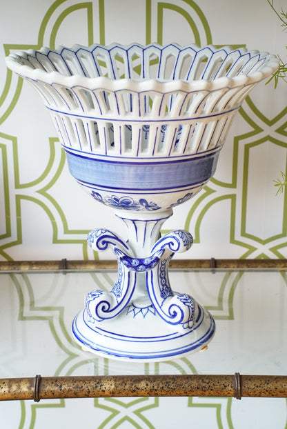 Vintage Blue and White Compote on Pedestal