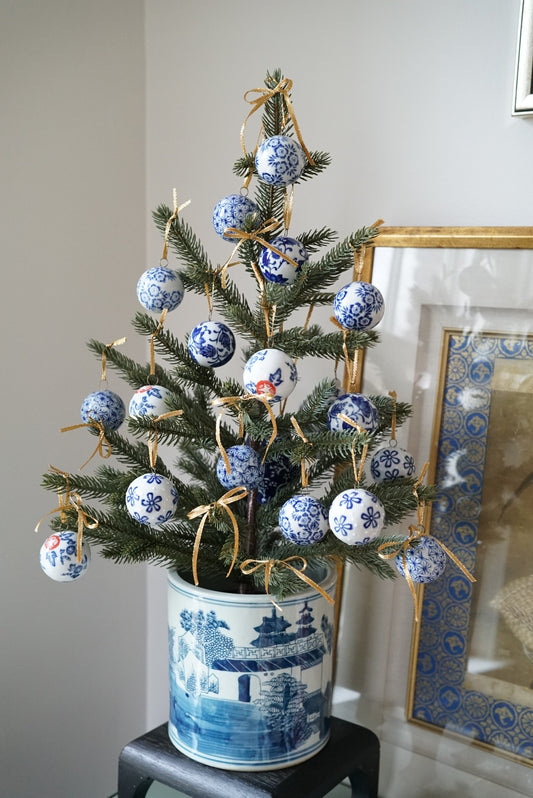 Set of 5—Chinoiserie Christmas Porcelain Ball Ornaments