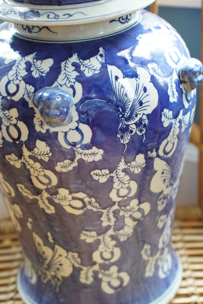 XL Blue and White Butterfly Temple Jar