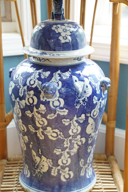 XL Blue and White Butterfly Temple Jar
