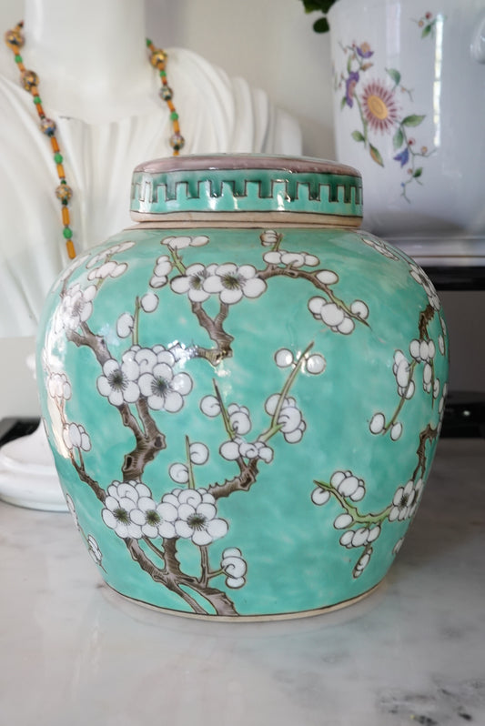 Large Turquoise Green Cherry Blossom Ginger Jar