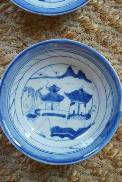 Set of 3 — Antique Small Blue Willow Shallow Bowls