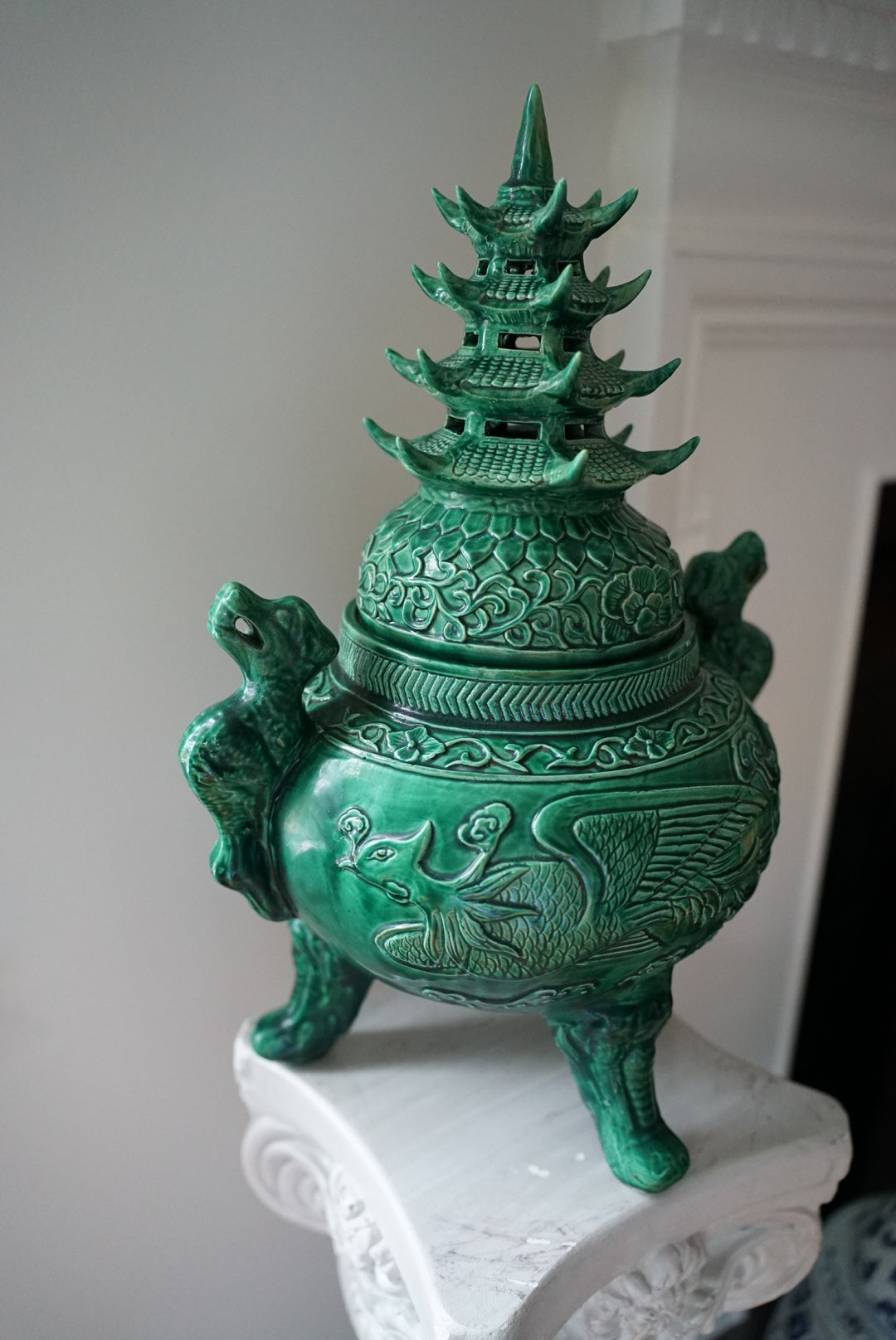 XL Green Pagoda-Topped Footed Urn