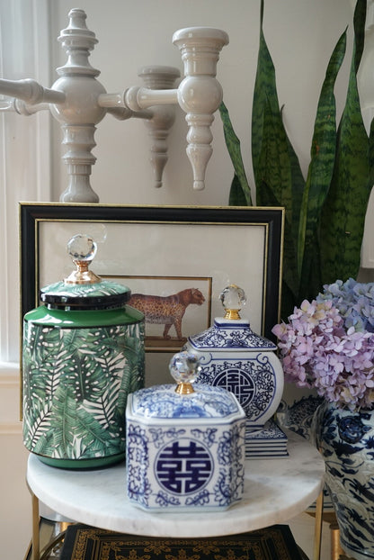 Chinoiserie Storage Jar with Faceted Glass Finial (Choose from Two Patterns)