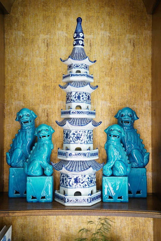 Large Peacock Blue Guardian Foo Dogs-Pair