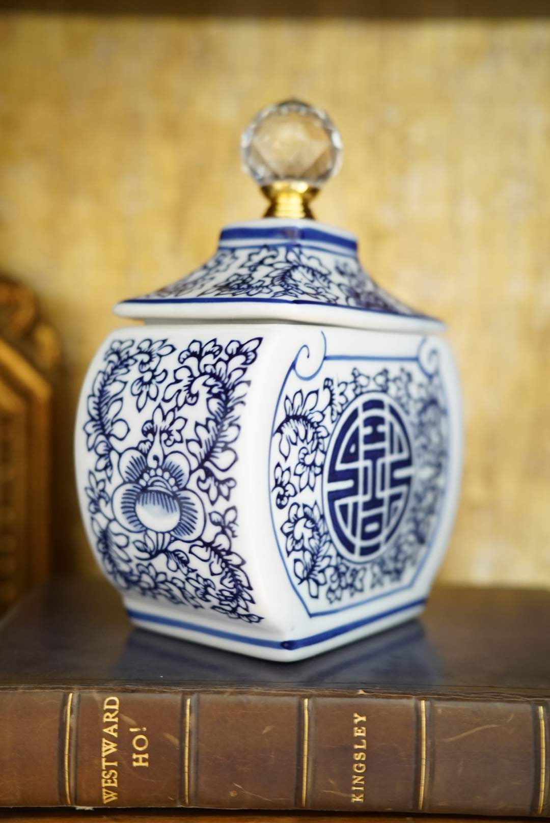 Chinoiserie Storage Jar with Faceted Glass Finial (Choose from Two Patterns)