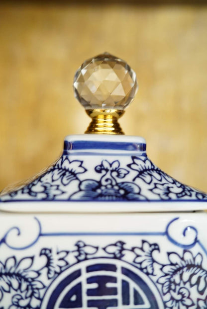 Chinoiserie Storage Jar with Faceted Glass Finial (Choose from Two Patterns)