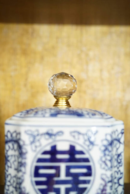 Chinoiserie Storage Jar with Faceted Glass Finial (Choose from Two Patterns)