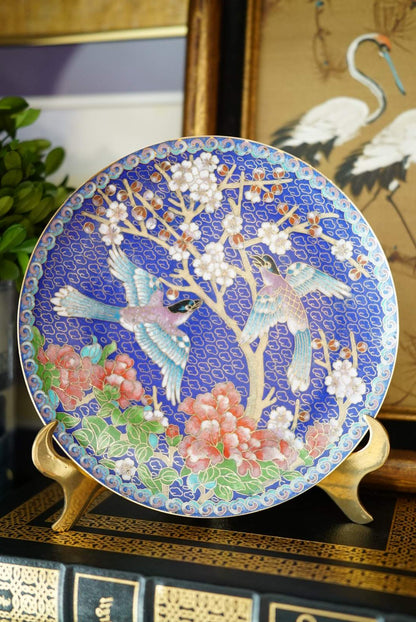 Vintage Plum Blossom and Love Birds Cloisonné Plate