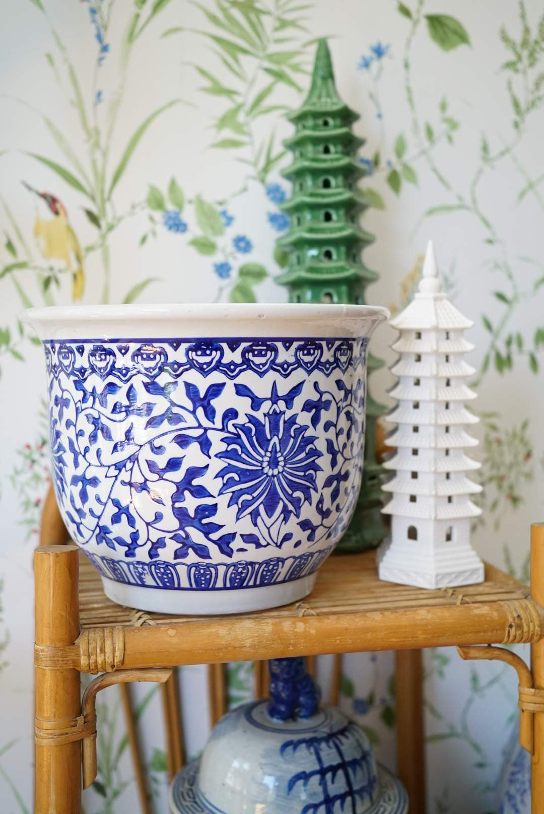 Vintage Blue and White Twisted Lotus Jardiniere-2 Sizes