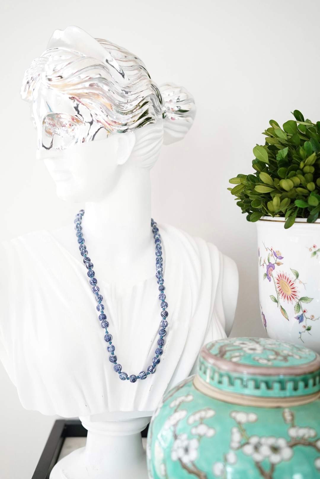 Vintage Hand-knotted Necklace with Hand-painted Porcelain Beads