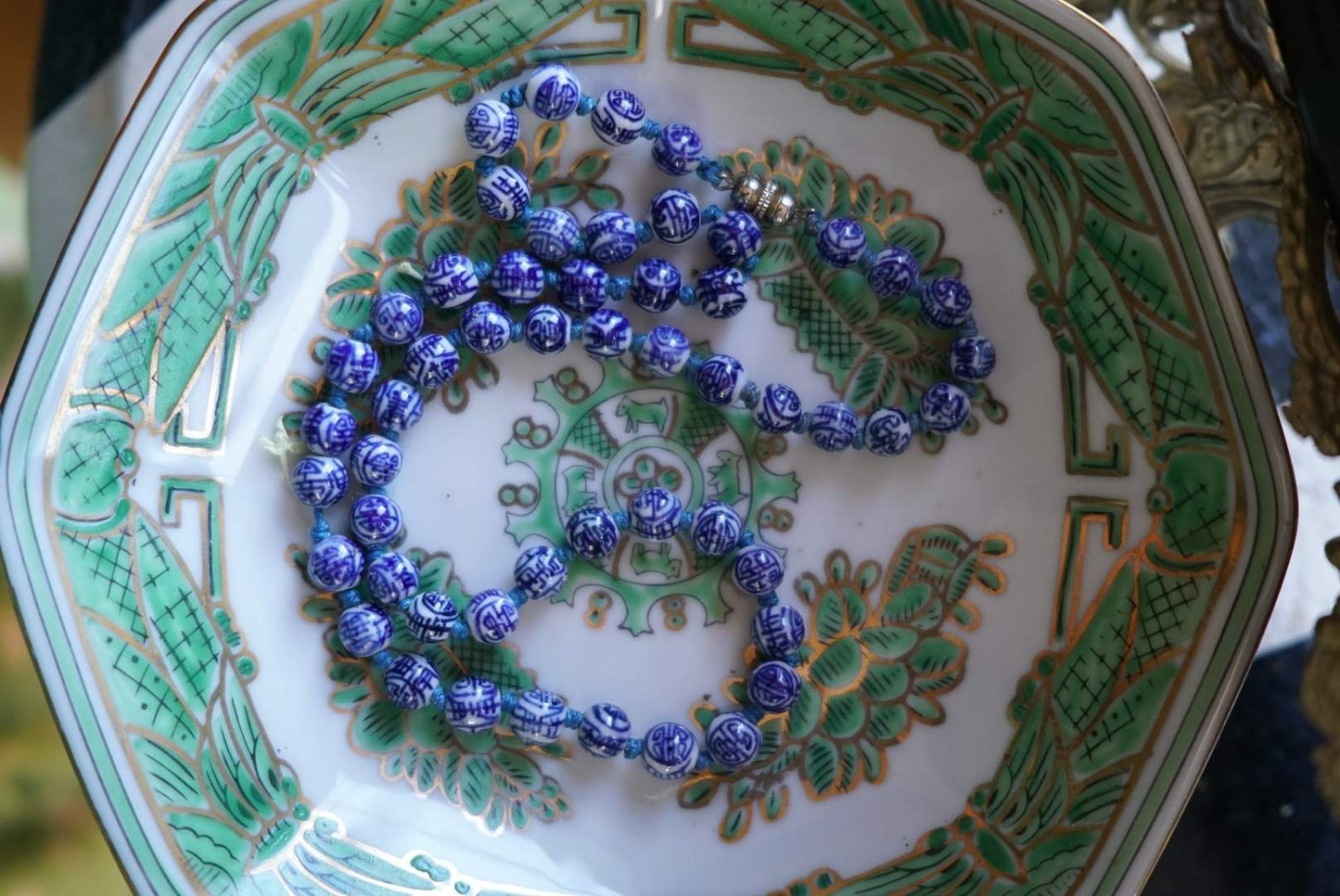 Vintage Hand-knotted Necklace with Hand-painted Porcelain Beads