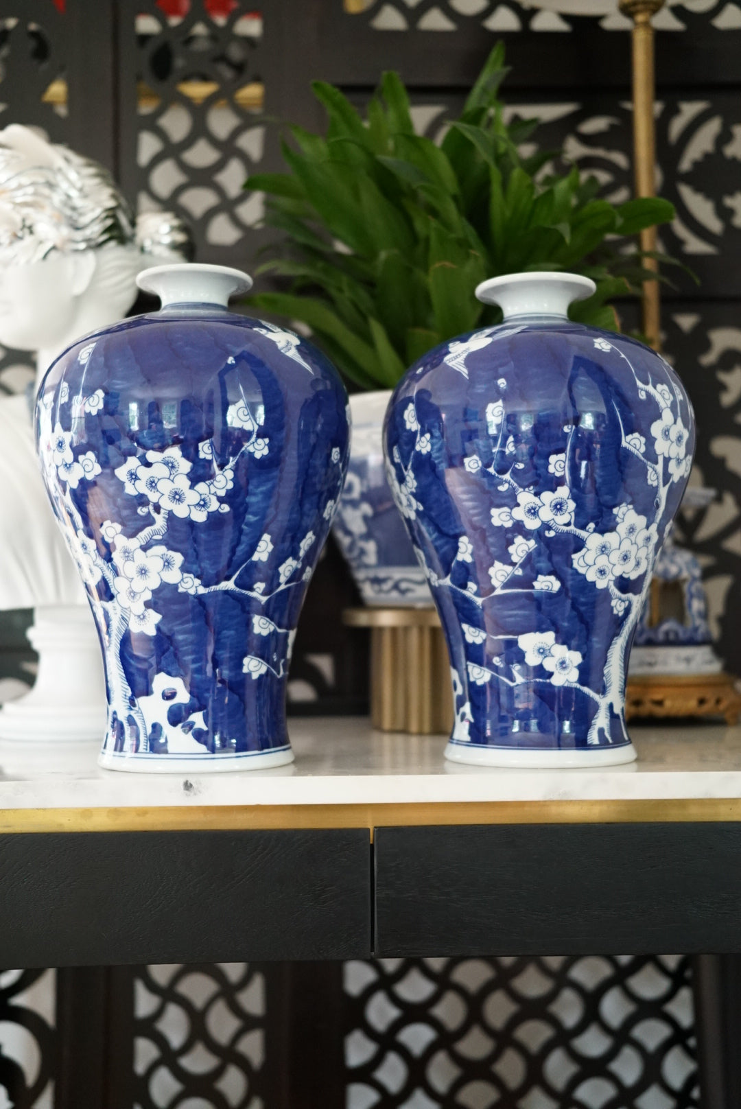 Blue Vase with Sakura Cherry Blossom Antique Japanese Porcelain Vase  Hand-painted Plum Table Vase Neutral Home Decor